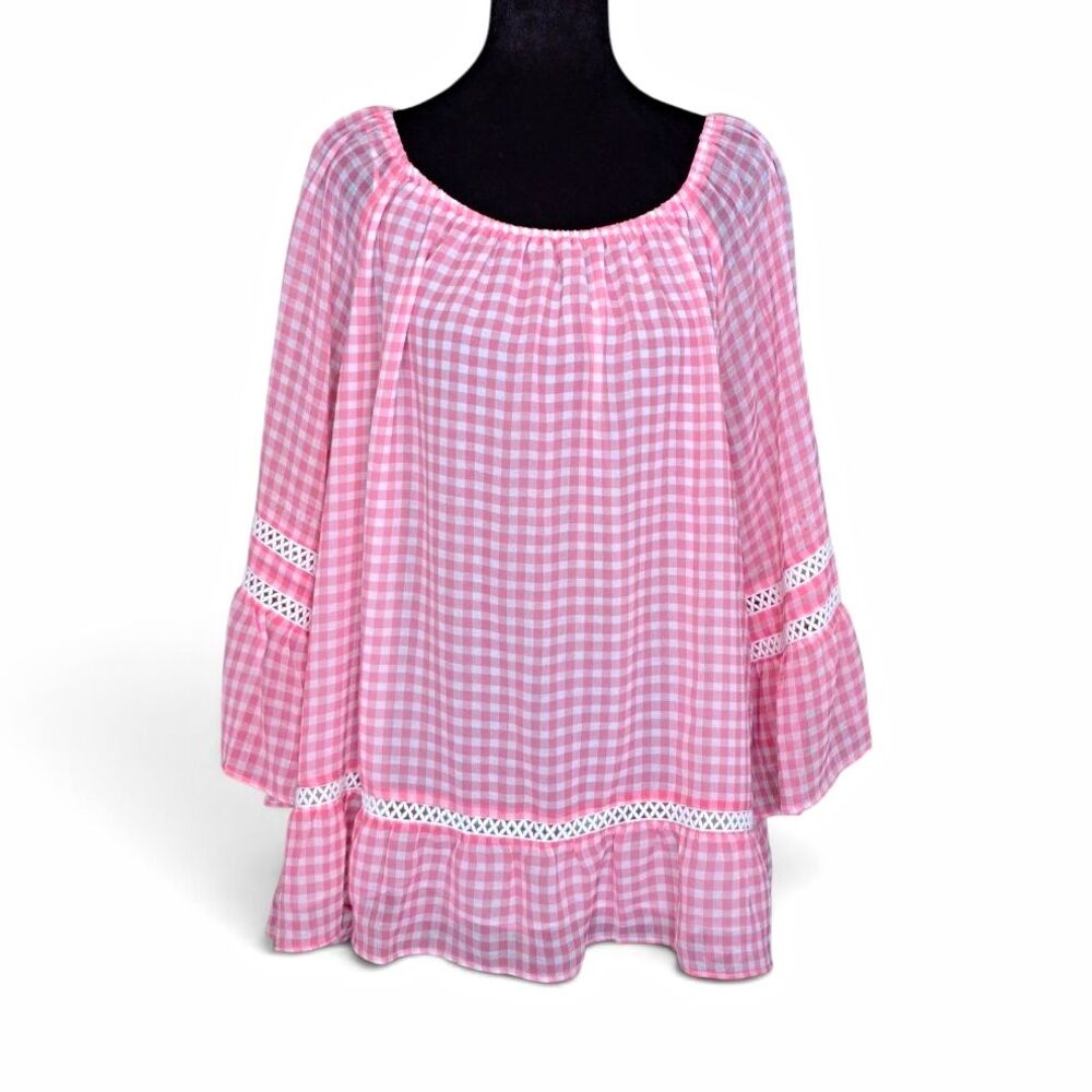 John Paul Richard Peasant Blouse Gingham Pink White 2X 3/4 Bell Ruffle Lace NWT